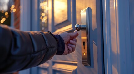 A hand reaches for the door handle,  a warm light glows from inside.