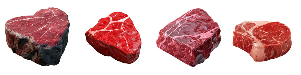 Obraz premium Raw beef steaks isolated on white background. Various cuts of fresh, red beef meat suitable for grilling, cooking, or barbecuing.