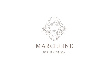 Obraz premium Romantic beautiful woman floral portrait outline logo design template vector illustration