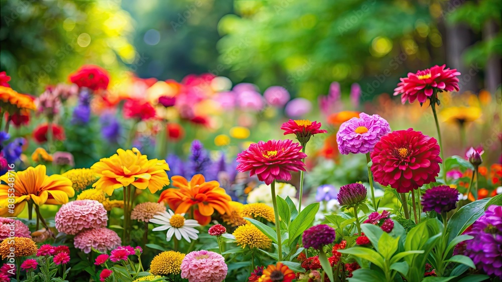 Poster Colorful flowers blooming in a vibrant garden setting, Flowers, garden, nature, bloom, colors, petals, plants, greenery