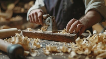 Close-up of a carpenter's hands using a hand plane on a piece of wood, creating wood shavings.