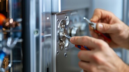 Naklejka premium Close-up of a technician's hands repairing a lock with a screwdriver.