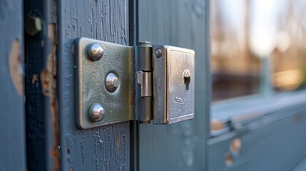 Close-up of a rusty metal lock on a wooden door.  The lock is old and worn, with a keyhole visible.