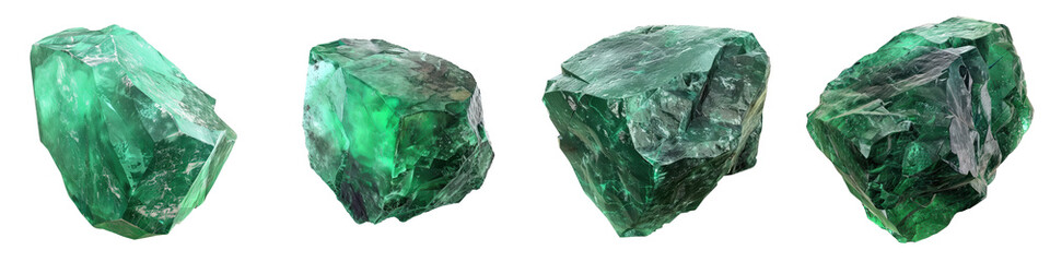 Fototapeta premium Set of four raw green fluorite crystals on white background, perfect for geology, mineralogy, and crystal healing stock imagery.