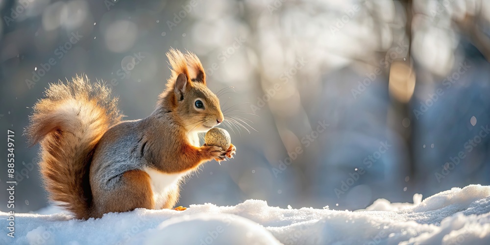 Canvas Prints Squirrel holding a nut in the snow with a forest background, Squirrel, nut, snow, winter, wildlife, cold, fluffy tail, cute