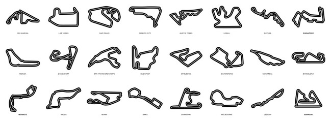 Obraz premium Grand Prix Racing Circuits Set. Collection of GP Race Track Illustrations with Editable Stroke. Formula Racing Circuit Vectors.