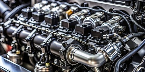 Fototapeta premium Close-up of a black diesel engine fragment with focus on the fuel injection system, diesel engine, fuel injection