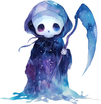 halloween grim peaper of the death from hell evil demon in nightmare mysterious devil skeleton monster horror watercolor clipart isolated