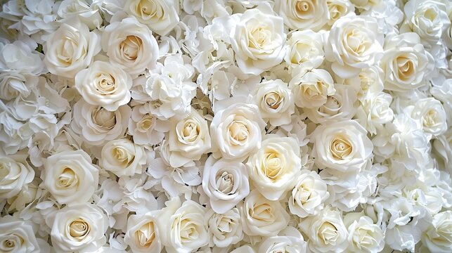 A white background with roses is used as a wedding backdrop.