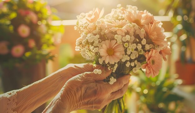 An elderly woman's hands giving flowers to a younger person, symbolizing care and support in a home setting. 