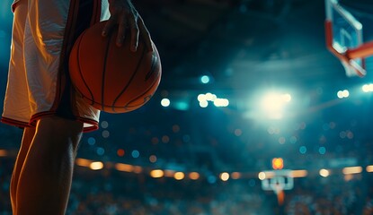 Close up of a basketball player holding the ball in their hands, standing on the court at a stadium. Copy space for text or banner design.