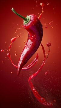 Red hot chili pepper with flying droplets of spicy sauce