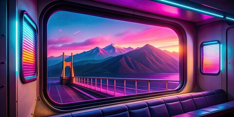 View from window train with ray of light, bridge, and mountains in vibrant synthwave style , retro, 80s, neon
