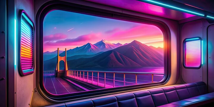 View from window train with ray of light, bridge, and mountains in vibrant synthwave style , retro, 80s, neon
