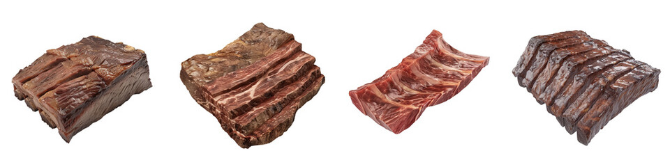 Variety of grilled and smoked pork rib cuts presented in a row, showcasing different textures and cooking styles for culinary use.