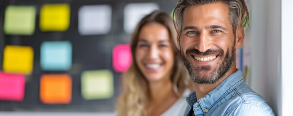 Fototapeta premium Smiling Professionals in Modern Office Setting with Colorful Sticky Notes in Background