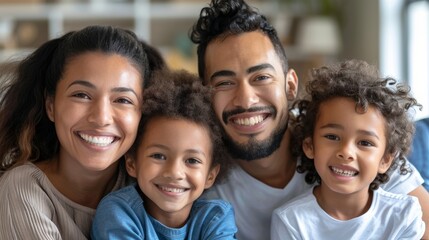Smiling adorable little mixed race daughters taking cuddles from cheerful parents in a beautiful multiracial family portrait.