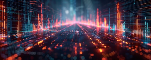 Futuristic Digital Cityscape with Neon Lights and Data Streams Representing Advanced Technology and Cybersecurity