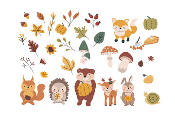 Obraz premium Fall animals bundle with leaves and other seasonal items and clothes, things. Childrens forest wild animals with harvest clipart elements. Hand drawn big set of autumn stickers.