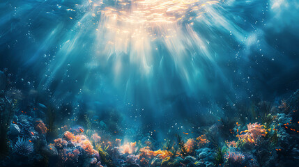 Fototapeta premium Sunlight filters through the tranquil ocean water, illuminating a vibrant underwater coral reef filled with colorful marine life.