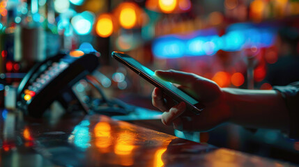 Man Using Mobile Payment at Restaurant or Bar Terminal