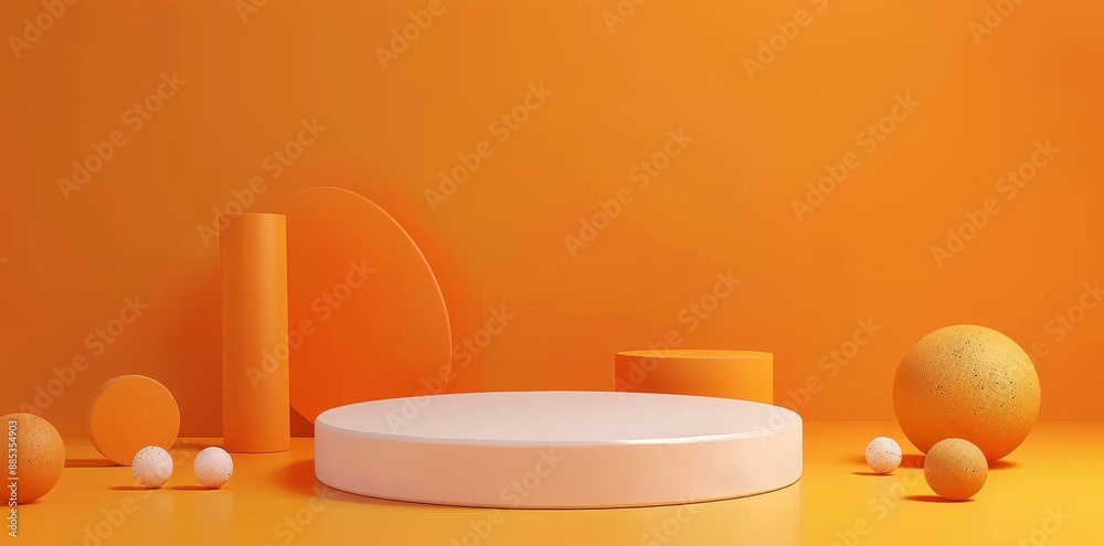Poster stand with orange product background on empty display. 3d rendering.