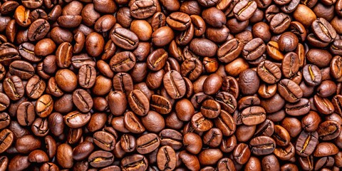 Fototapeta premium Texture of coffee beans close-up, coffee, beans, texture, close-up, brown, roasted, background, caffeine, aroma, organic, natural