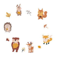 Naklejka premium fall harvest background or banner with autumn seasonal elements. Cute foliage, drinks, clothes. Round background for cover design, cards.