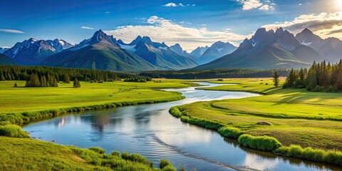 Scenic view of lush green grassland with a winding river and majestic mountains in the background, green, grass, river