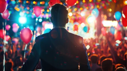 Enthusiastic Political Leader Energizing Crowd at Vibrant Rally with Flags and Balloons under Dynamic Lighting