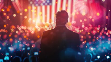 Rousing Political Rally: Inspiring Speaker, Patriotic Atmosphere, Eager Audience, Festive Illumination, USA Flag