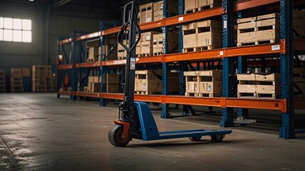 Naklejka premium Blue hand pallet truck or manual hand lift inside the factory with light shining into the warehouse and storage shelves for boxes and pallets.