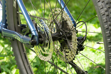 rear bicycle wheel with modern mountain bike disk brake system, casette and derailleur