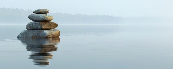 a pile of stones on the water surface with a thick fog background