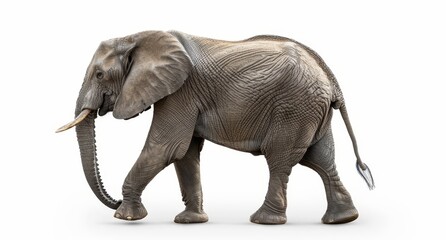 Fototapeta premium An Asian elephant walking on a white background from the side.