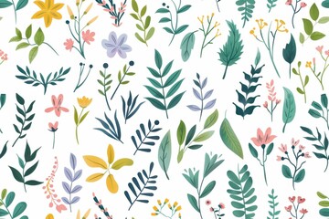 Fototapeta premium Seamless Pattern of Delicate Watercolor Flowers and Leaves