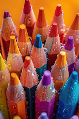 Obraz premium Top view of a colorful minimalist jar with colored pencils, copy space and orange background