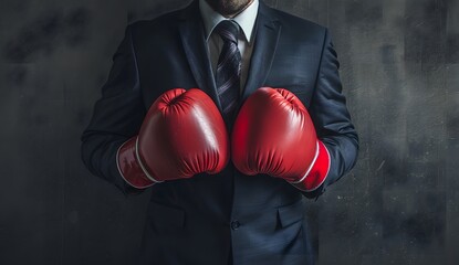 Businessman wearing boxing gloves on grey background, close up photo with copy space 