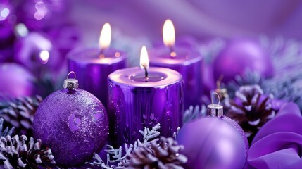 Festive decorations with glowing candles in purple setup