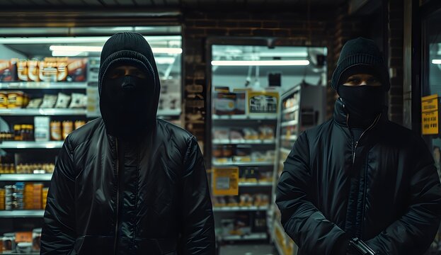 Two robbers in black jackets and balaclavas stand inside the store, in a cinematic style.