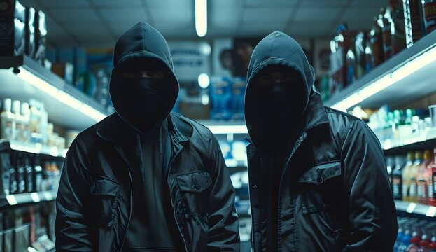 Two robbers in black jackets and balaclavas stand inside the store, in a cinematic style.