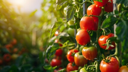 A bunch of ripe red tomatoes are growing on a vine. The tomatoes are clustered together and are ready to be picked