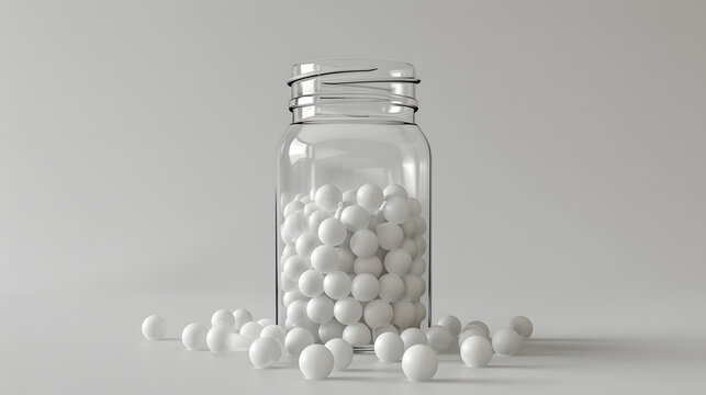 transparent jar with white balls on a white background