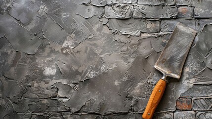 Gray concrete background with bricks and putty knife Top view with space for text