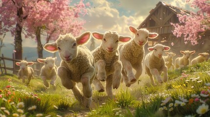 Newborn lambs jumping around a lively barnyard with a backdrop of spring blossoms and fresh grass