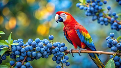 Fototapeta premium Colorful parrot perched on a unique blue fruit tree , parrot, colorful, blue, unique, fruit tree, nature, vibrant, wildlife