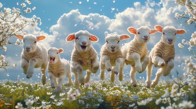 Newborn lambs jumping around a lively barnyard with a backdrop of spring blossoms and fresh grass