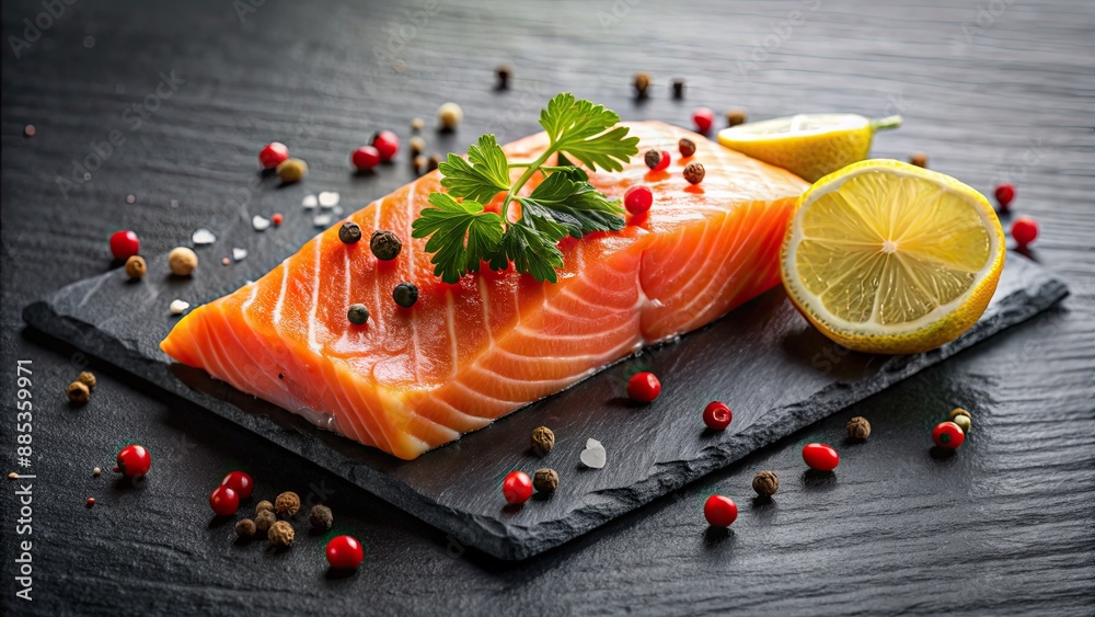 Canvas Prints Delicious salmon fillet topped with lemon and red pepper on a sleek black stone surface, salmon, fillet, lemon, red pepper