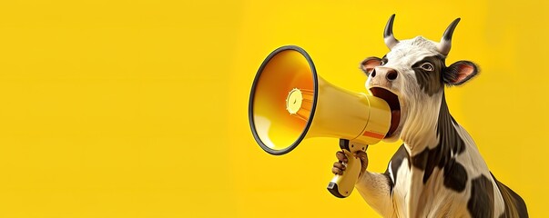  illustration of a cow screaming using a megaphone on a yellow background