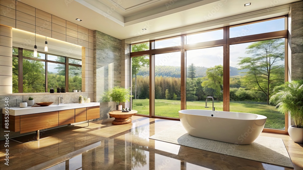 Wall mural Bathroom interior with large windows, allowing natural light to fill the space , bathroom, interior design